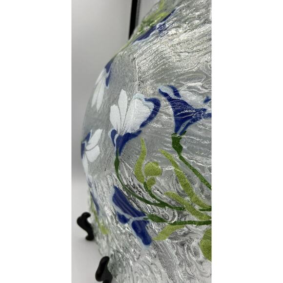 Platter Bowl Glass Japanese Iris Star Flowers Serving Dish Painted Scalloped 12" - Picture 8 of 10